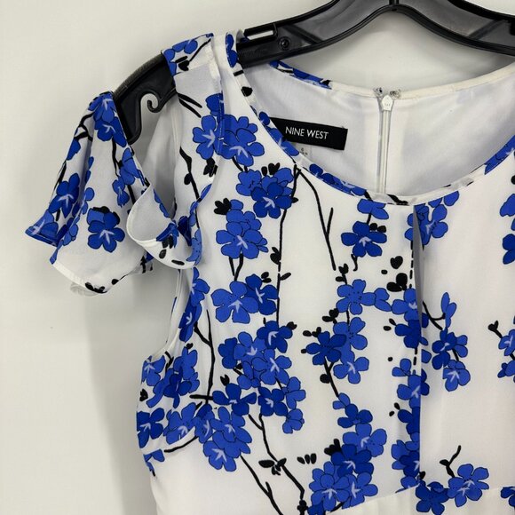Nine West Floral Dress A Line Cold Shoulder Ruffle Cocktail Blue White - Picture 4 of 10